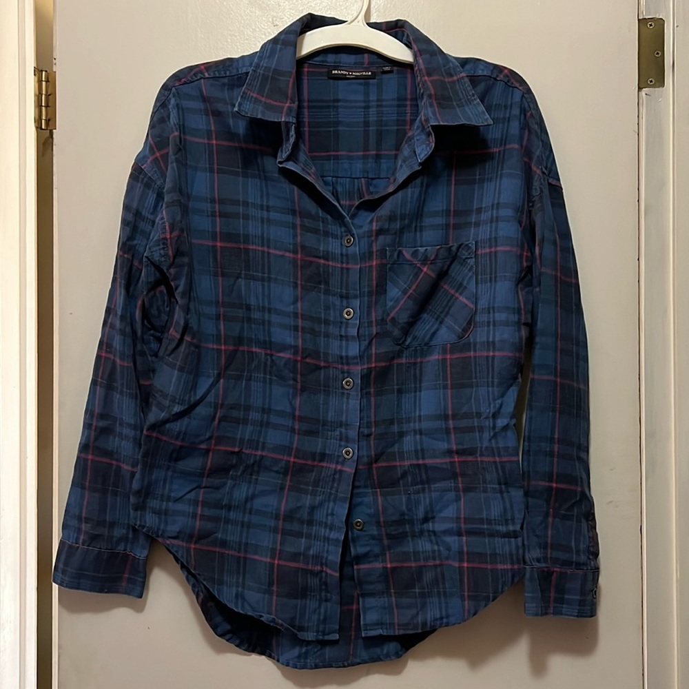 Brandy Melville blue and pink plaid button up flannel shirt